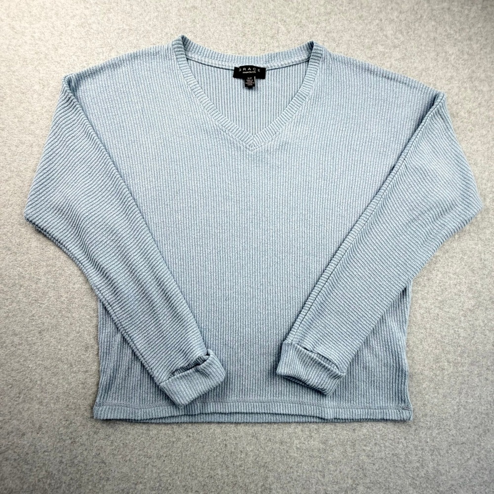 Grace The Perfect Fit Womens Small Blue Ribbed V-Neck Long Sleeve Top